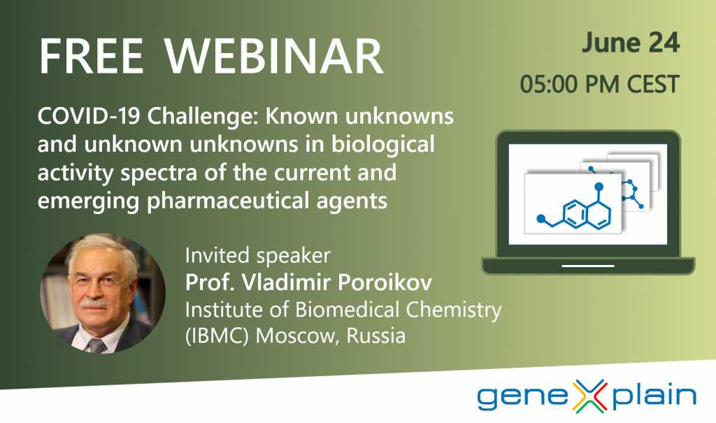 geneXplain's webseminar "COVID-19 Challenge: Known unknowns and unknown unknowns in biological activity spectra of the current and emerging pharmaceutical agents"
